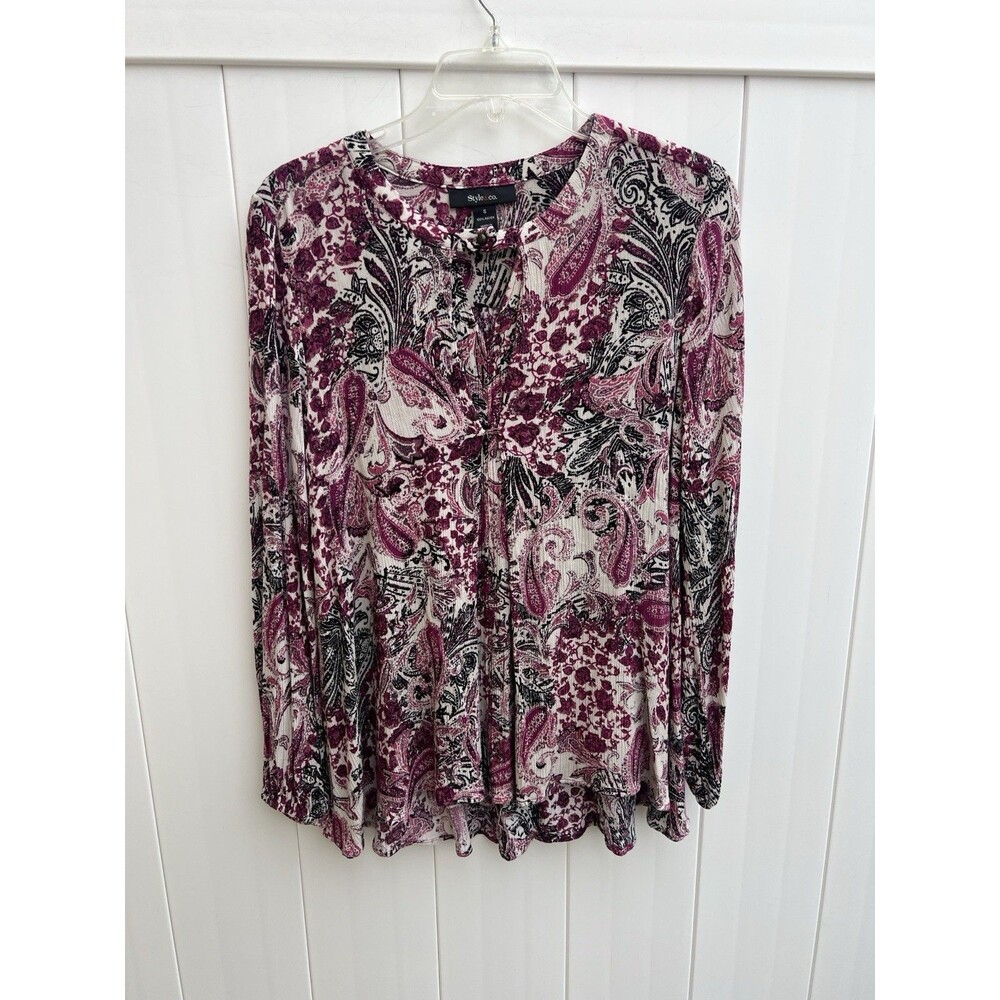 Style & Co Boho Floral Peasant Top Size Small Long Sleeve Gauzy Pink